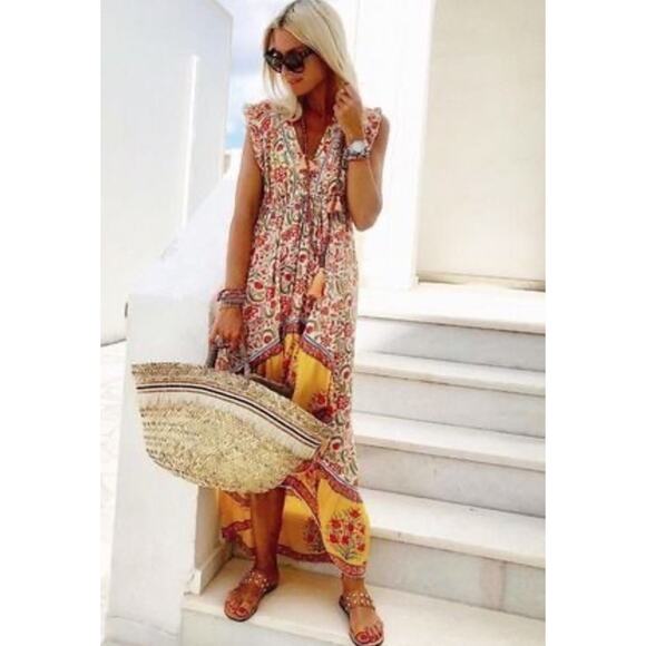 Guadalupe Style Maxi Dress M Colorful Floral Hi Low Summer Resort Vacation Boho - Picture 1 of 8